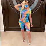Tie dyed round neck leisure home sports suit (including mask) QZ6088