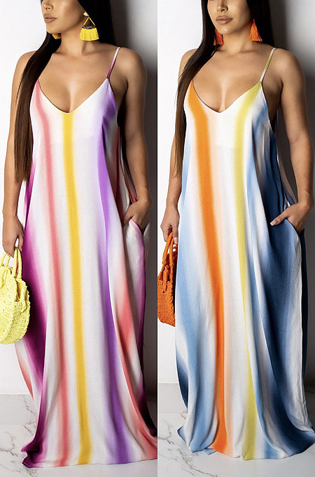 Color printed low cut dress HSY19383