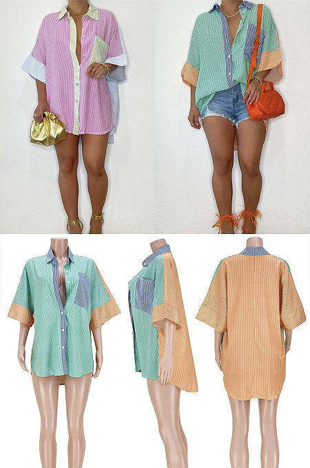 Striped button pockets loose front short back long shirt GL6580