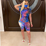 Tie dyed round neck leisure home sports suit (including mask) QZ6088