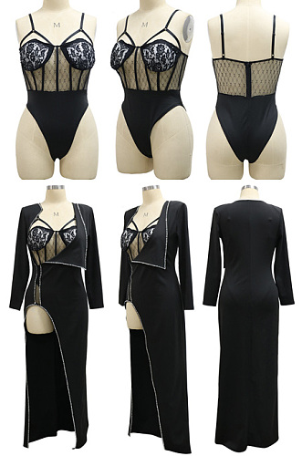 Perspective wrap chest high slit wrap hip solid lace suit CCY9584