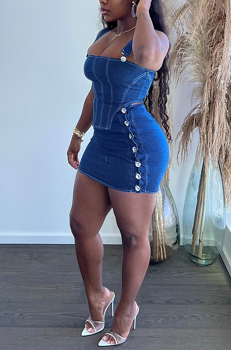 Two piece denim set with suspender and strapless BS1314