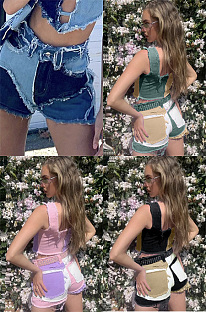 High stretch color blocking medium waist denim shorts MGN6682