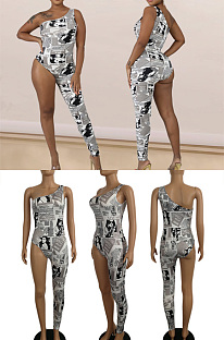 Asymmetric newspaper print Jumpsuit CY7141