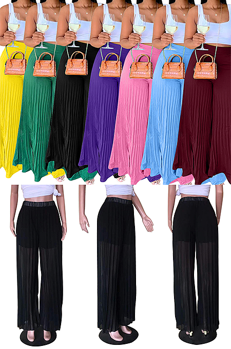 Casual Romantic Simplee Polyester Pleated Mid Waist Wide Leg Pants D8486