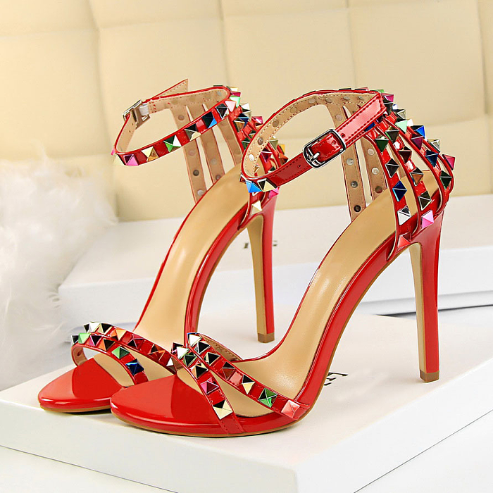 11cm High Heels Rivets Studded Sandals Ankle Buckle Strap Stiletto Shoes