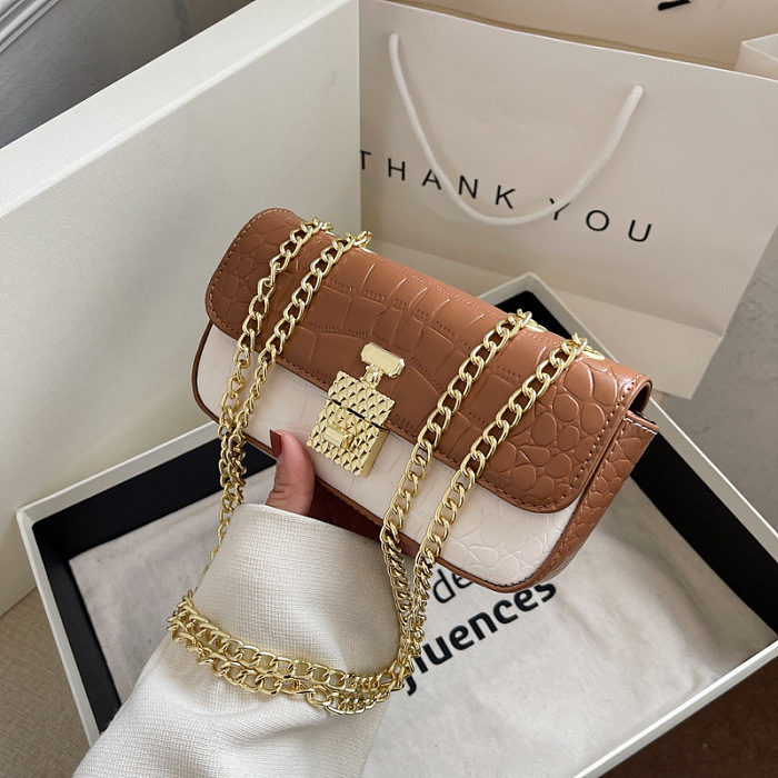 Vintage Chain Clamshell Design Crocodile Pattern Color Blocking Crossbody Bag