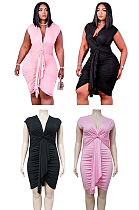 Plus Size Women Elegant V Neck Sexy Sleeveless Solid Oclor Creaased Bodycon Dress