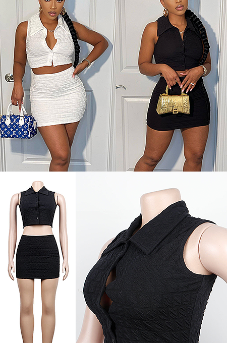 SUPER WHOLESALE | Puffy Texture Off shoulder Shirt Collar Top and Skirt Set