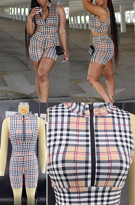 Plaid Off Should Ziper Shorts Set