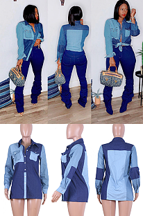 Front Pockets Color Block Denim Shirts