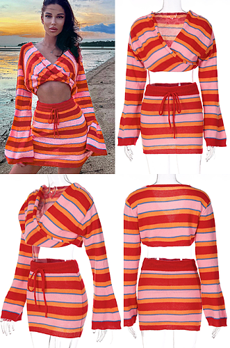 Knitted Layered Top & Self-tied Skirt Set