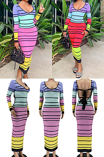 Open Back Color-Block Long Dress