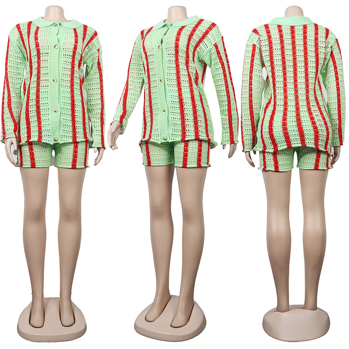 Knitted Button Up Short Set Long Sleeve Top