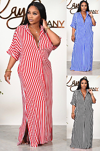 Stripes Shirt Collar Long Dress