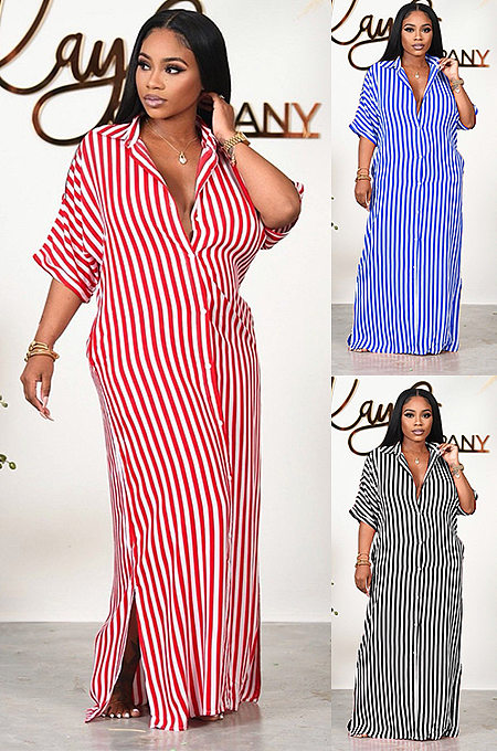 Stripes Shirt Collar Long Dress