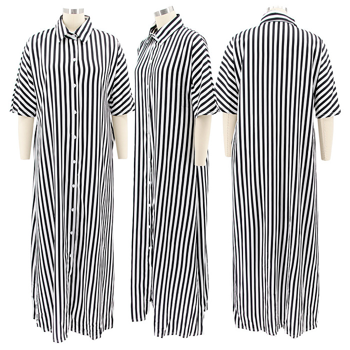 Stripes Shirt Collar Long Dress