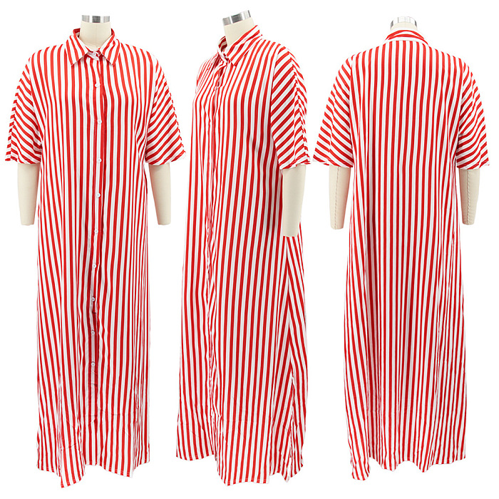 Stripes Shirt Collar Long Dress