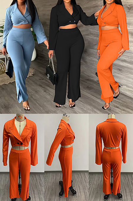 Crop Long Sleeve Button UpSuit Set
