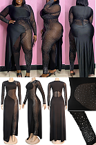 Woven Fabric Rhinestone Beaded Side Split Jumpsuit