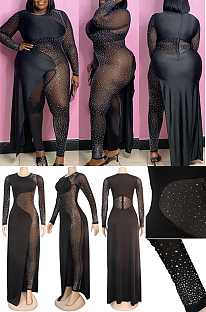 Woven Fabric Rhinestone Beaded Side Split Jumpsuit