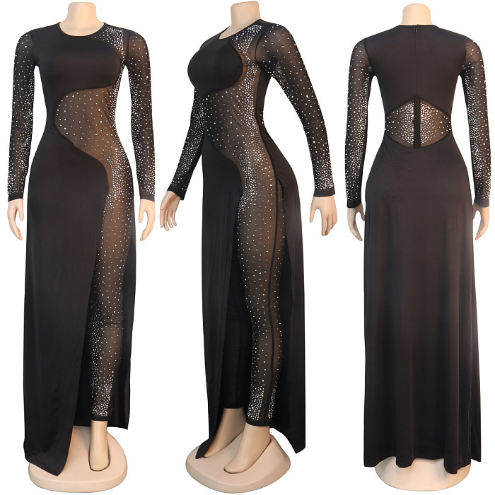 Woven Fabric Rhinestone Beaded Side Split Jumpsuit