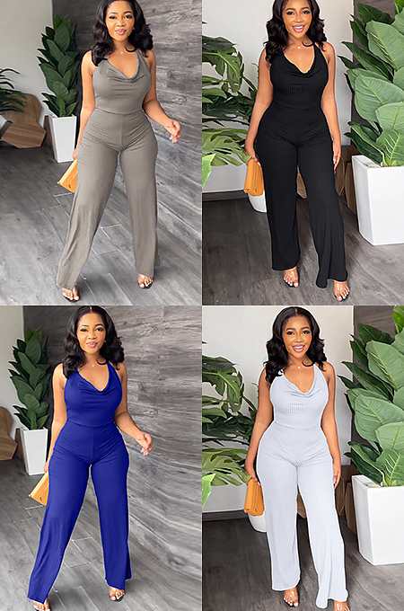 WHOLESALE | Neck Tied Open Back Wide Leg Jumpsuit