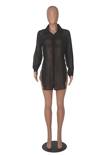 WHOLESALE |  Chiffon Fabric Side Split Shirt in Black