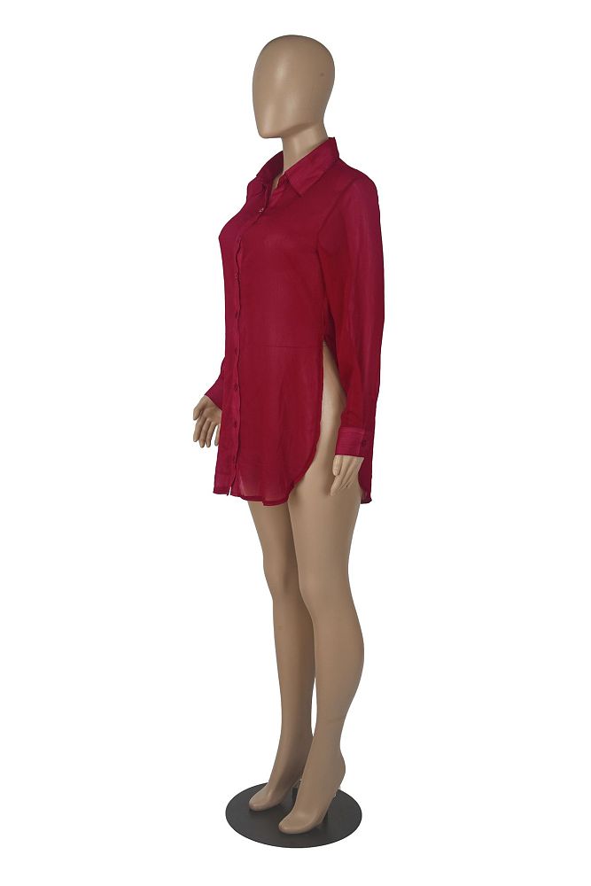 WHOLESALE |  Chiffon Fabric Side Split Shirt in Red