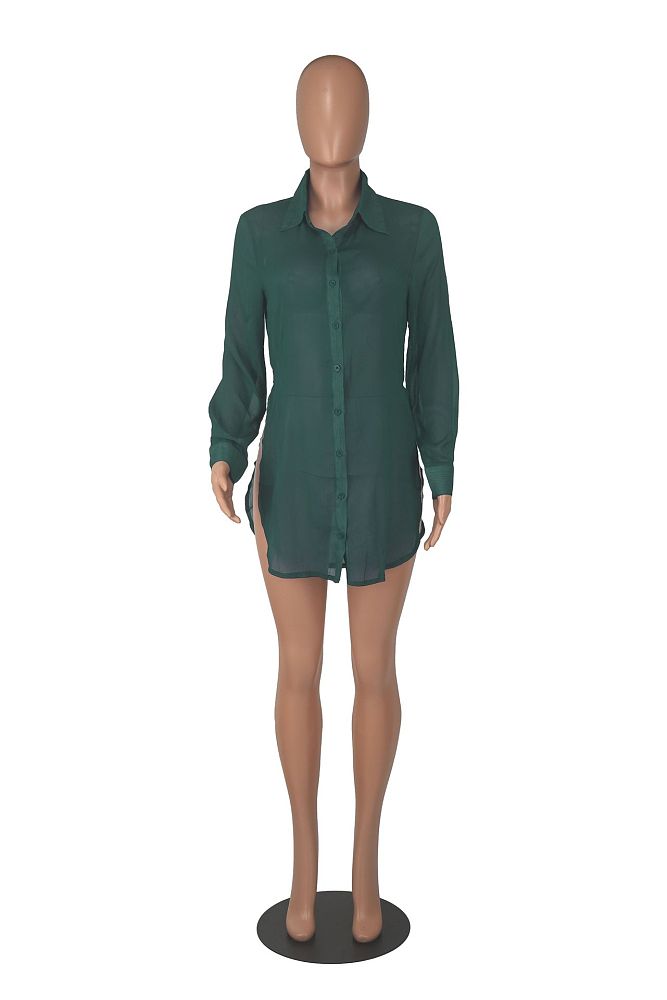 WHOLESALE |  Chiffon Fabric Side Split Shirt in Green