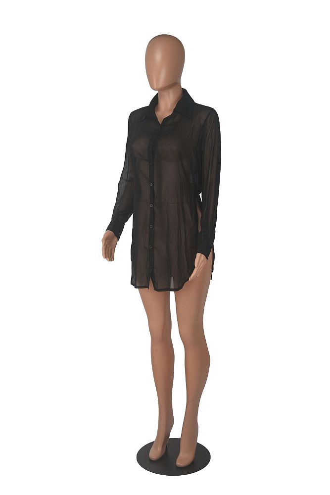 WHOLESALE |  Chiffon Fabric Side Split Shirt in Black