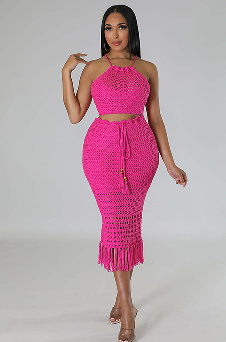 WHOLESALE |  Tassel Hem Hollow-out Skirt Set