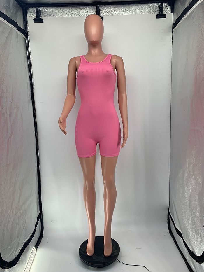 WHOLESALE | Pitted Fabric Tank Romper in Rose Red
