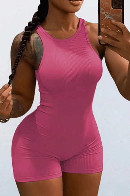 WHOLESALE | Pitted Fabric Tank Romper in Rose Red