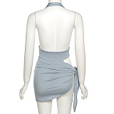 WHOLESALE | Open Back Halter Dress in Blue
