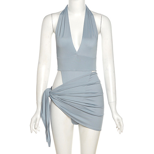 WHOLESALE | Open Back Halter Dress in Blue