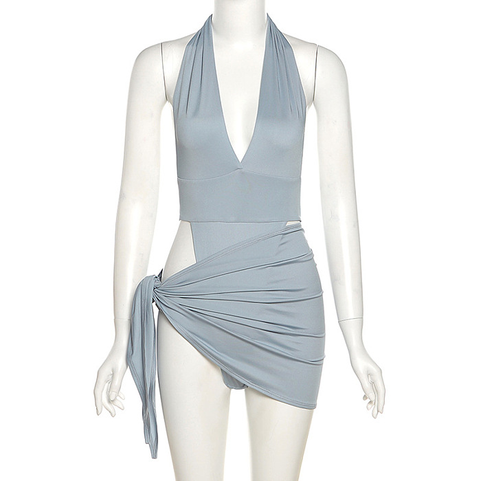 WHOLESALE | Open Back Halter Dress in Blue