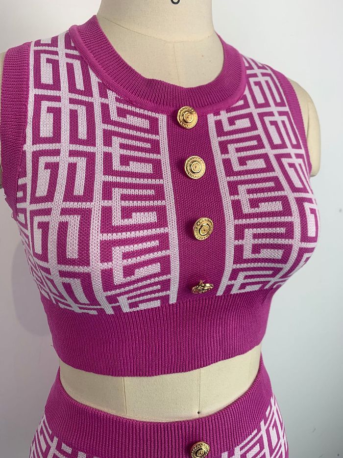 WHOLESALE | Knitted Geometric Design Skirt Set in Rose Red