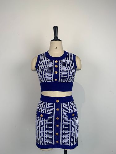 WHOLESALE | Knitted Geometric Design Skirt Set in Blue