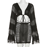 WHOLESALE | Knitted Tassel Hem See-through Skirt Set