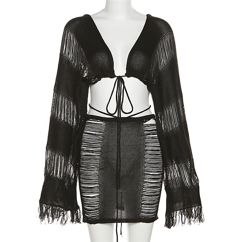 WHOLESALE | Knitted Tassel Hem See-through Skirt Set