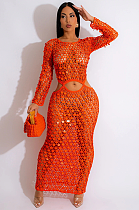 WHOLESALE | Knitted Sequins Hollow-out Beach Dress in Orange