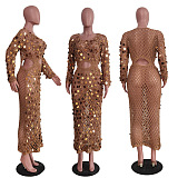 WHOLESALE | Knitted Sequins Hollow-out Beach Dress in Apricot