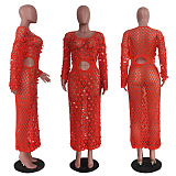 WHOLESALE | Knitted Sequins Hollow-out Beach Dress in Orange
