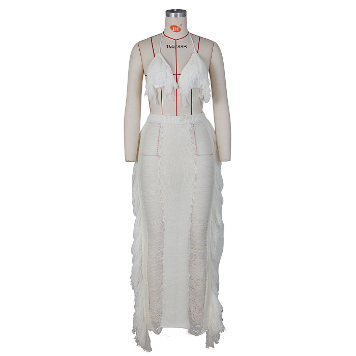 WHOLESALE | Tassel Cover Maxi Skirt Set in Black & White