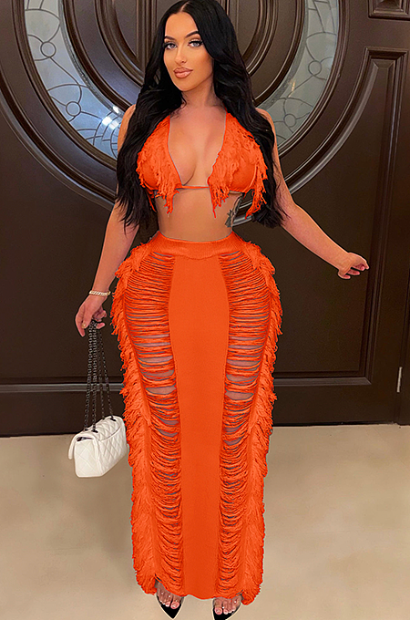 WHOLESALE | Tassel Cover Maxi Skirt Set in Orange
