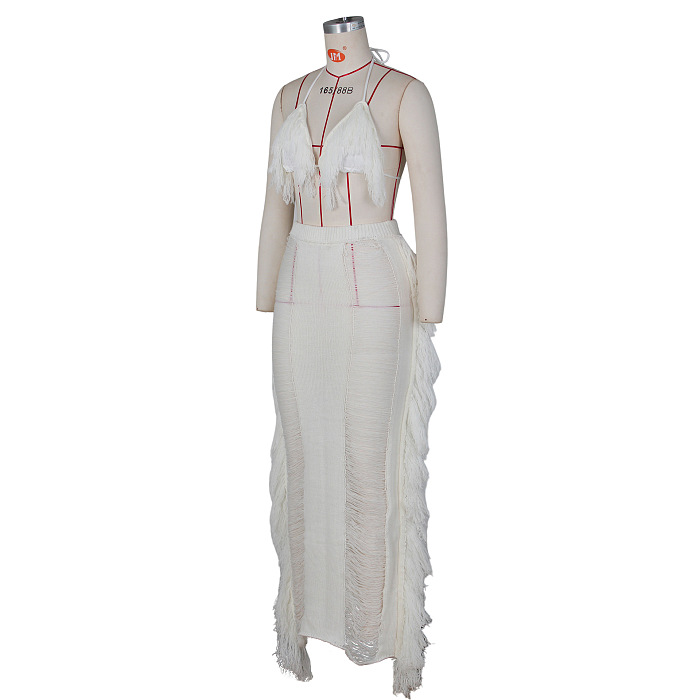 WHOLESALE | Tassel Cover Maxi Skirt Set in Black & White