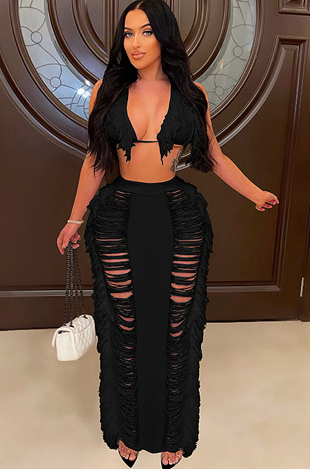 WHOLESALE | Tassel Cover Maxi Skirt Set in Black & White