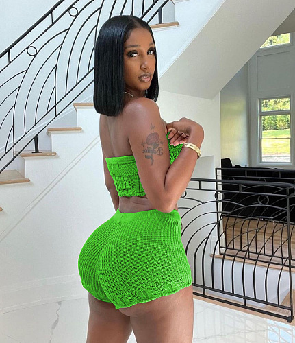 WHOLESALE | Knitted Fabric Shorts Set in Green