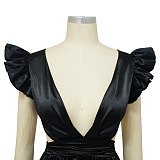 WHOLESALE | Black Ruffle Open Back Lace-up Pleated Maxi Dress